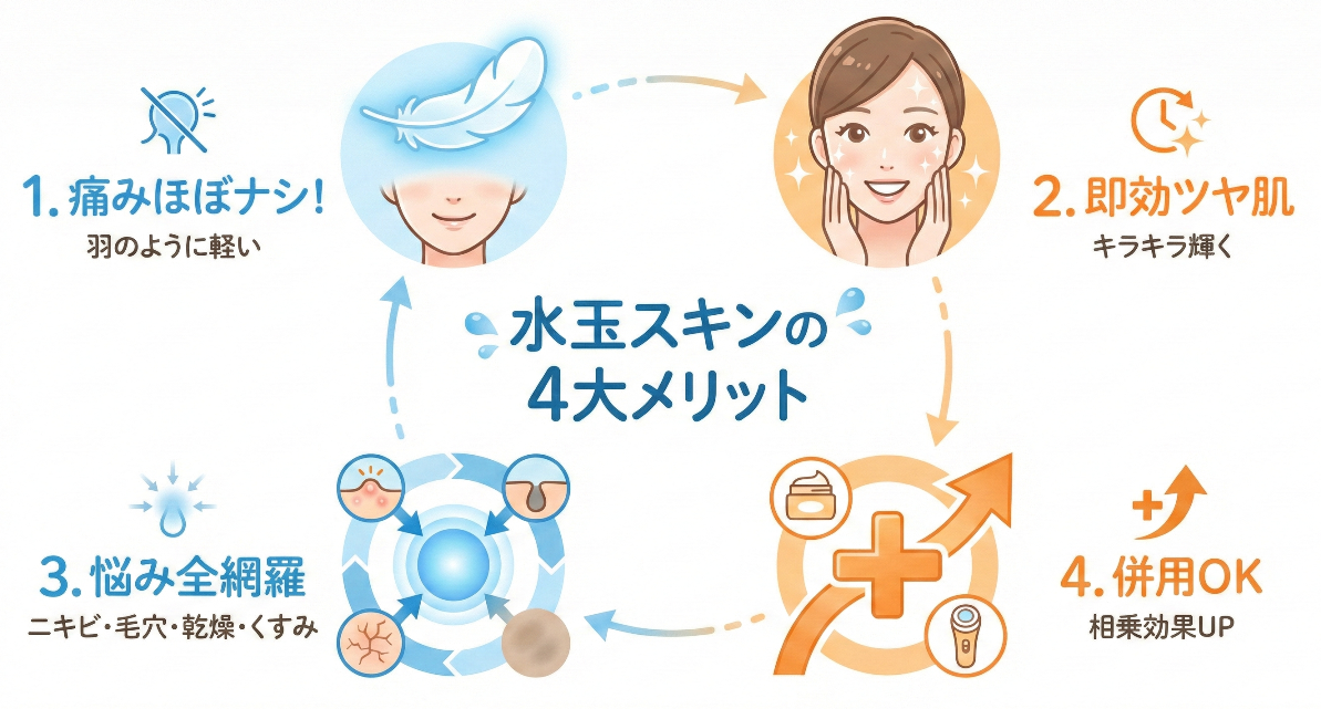 【図解】水玉スキンの4つのメリット。痛みなし、即効性、多様な効果、他施術との併用可能